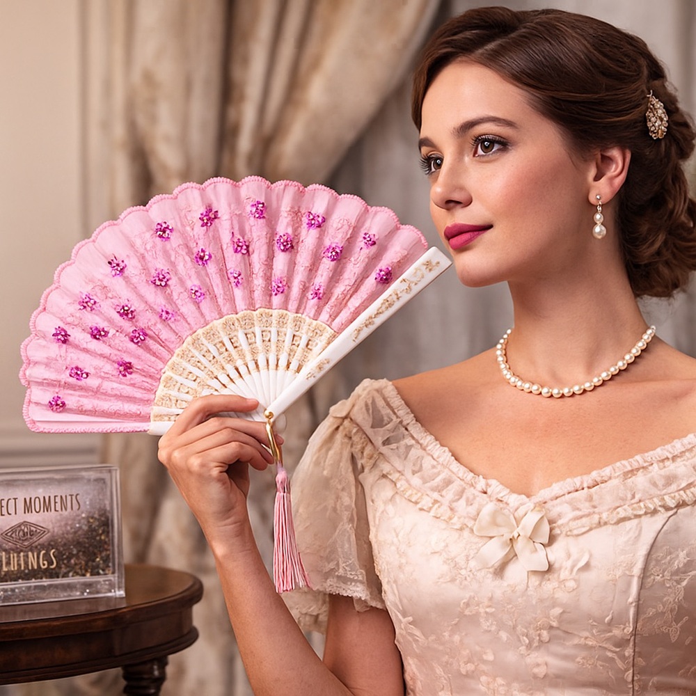 3/$15 Pink Lace Folding Fan w/ Sequins & Tassel Floral Embroidery Vintage Style